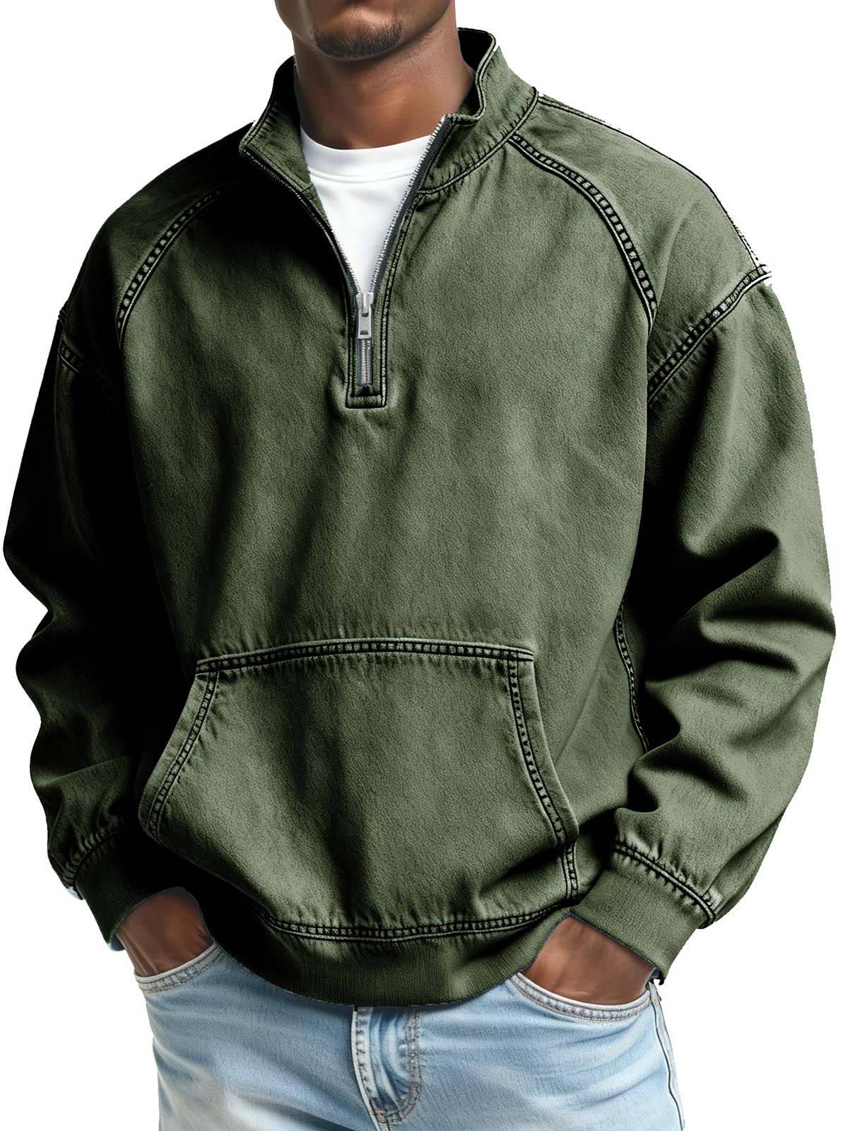 Herren Mode Retro Stehkragen Raglan Tasche Langarm Oberteil-deurabatt