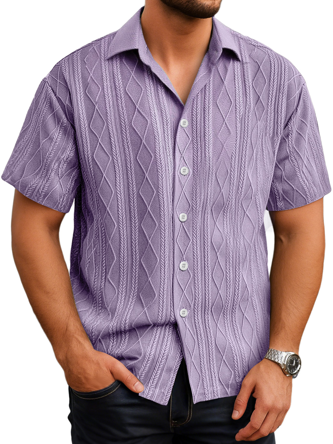 Herren Daily Texture Casual Revers Einfarbig Kurzarmhemd-deurabatt