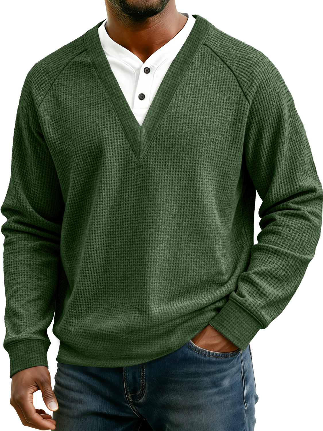 Herren Einfaches Waffel V-Ausschnitt Fake Zweiteiliges Lässiges Langarm-T-Shirt-deurabatt