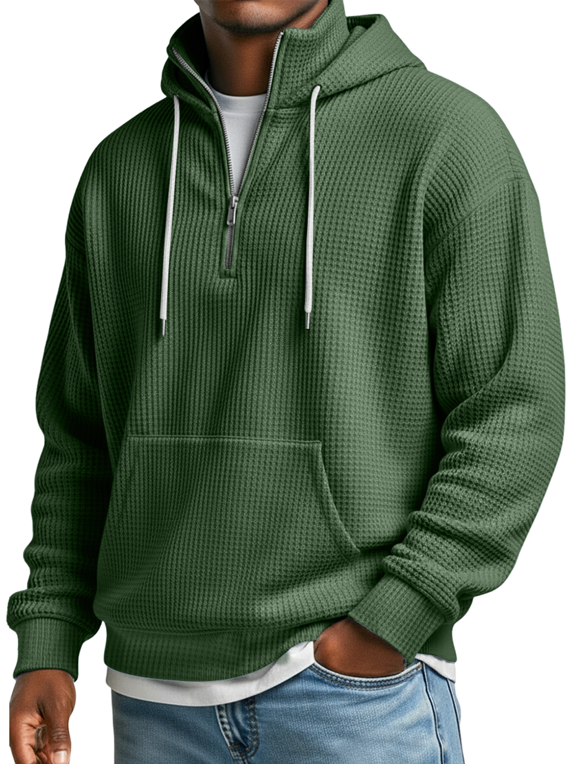 Herren Waffelkragen Reißverschluss Lässiger Lockere Kapuzenpullover-deurabatt