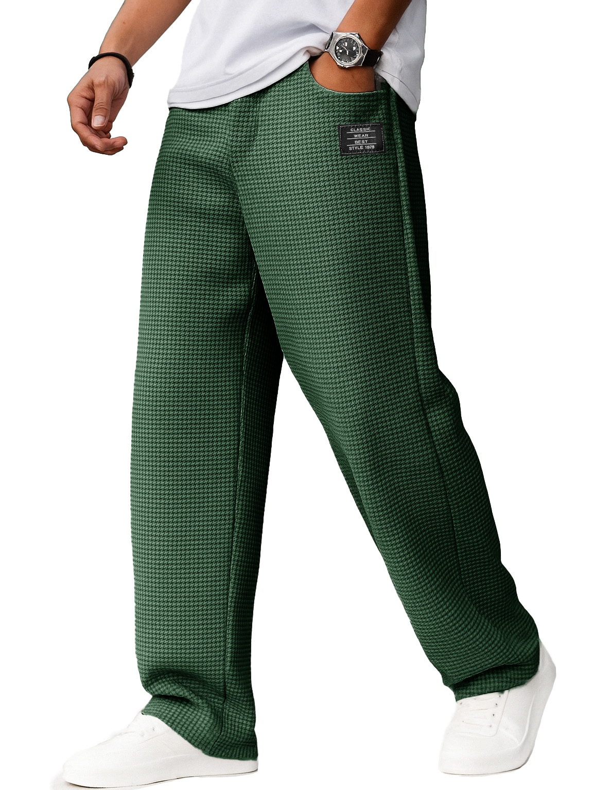 Herrenmode Alltags-Waffelstoff Besticktes Logo Kordelzug Lockere Elastische Taille Taschenhose-ZierMode