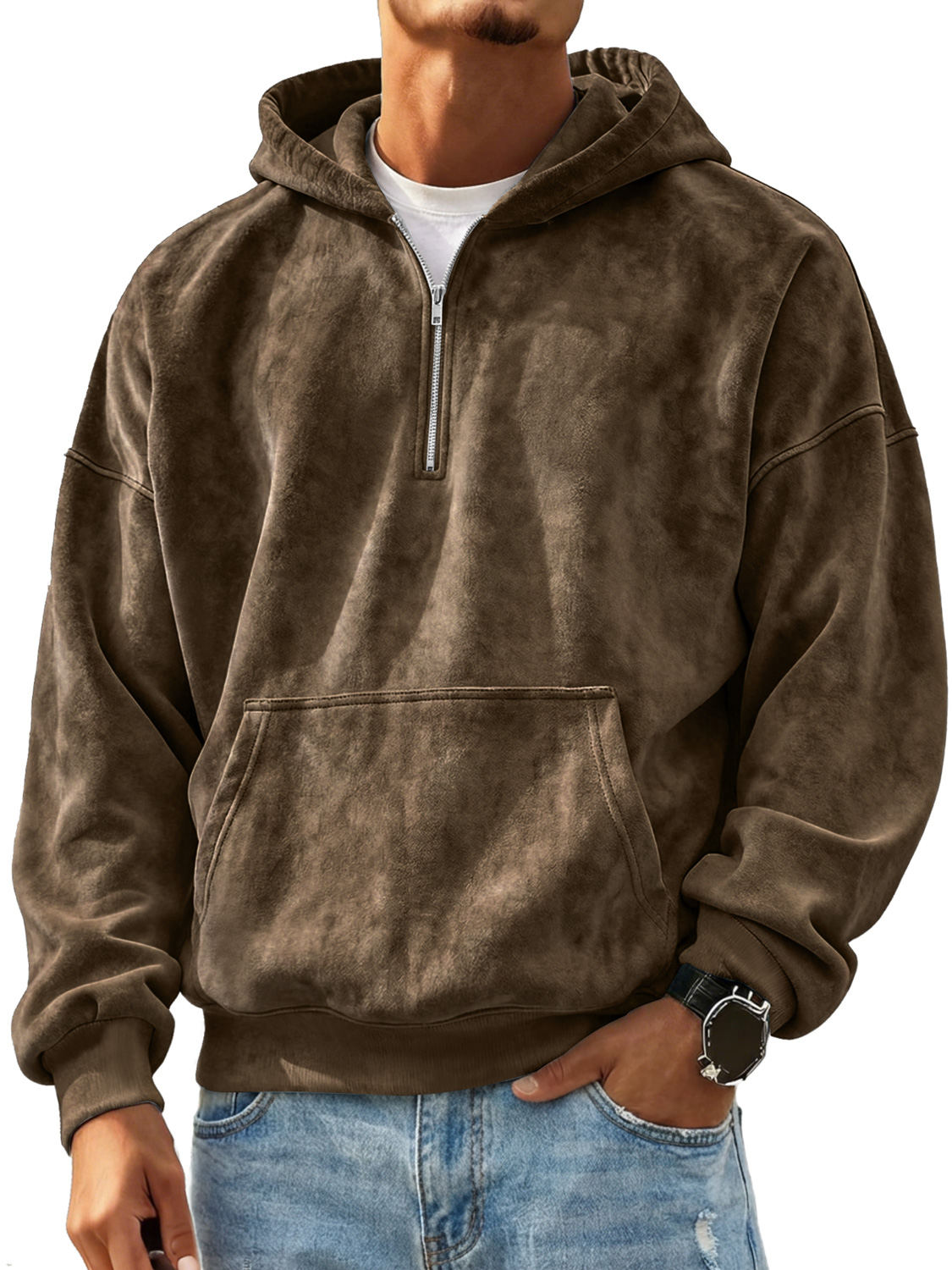 Retro-Freizeit-Kapuzenpullover aus Wildleder für Herren mit Reißverschluss-deurabatt