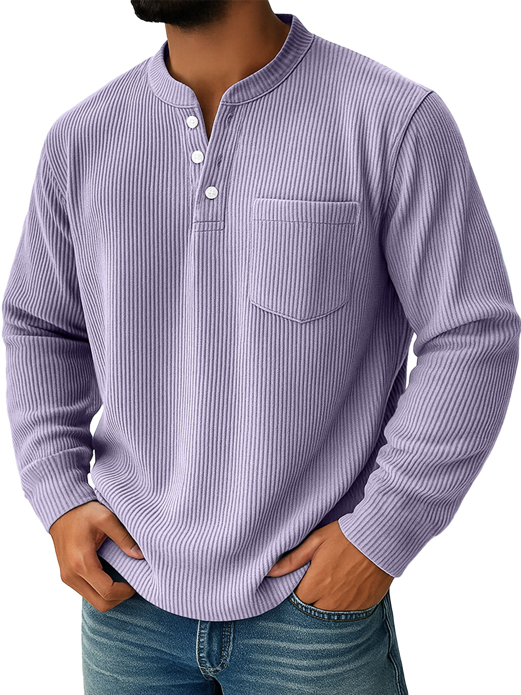 Herren Einfaches Alltags-Ripp-Stehkragen-Taschen-Lässiges Langarm-Henley-Shirt-deurabatt