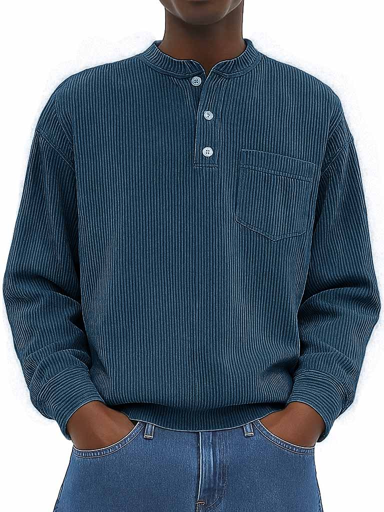 Herrenmode Freizeit Ribstoff Stehkragen Langarm Henley-Shirt-deurabatt