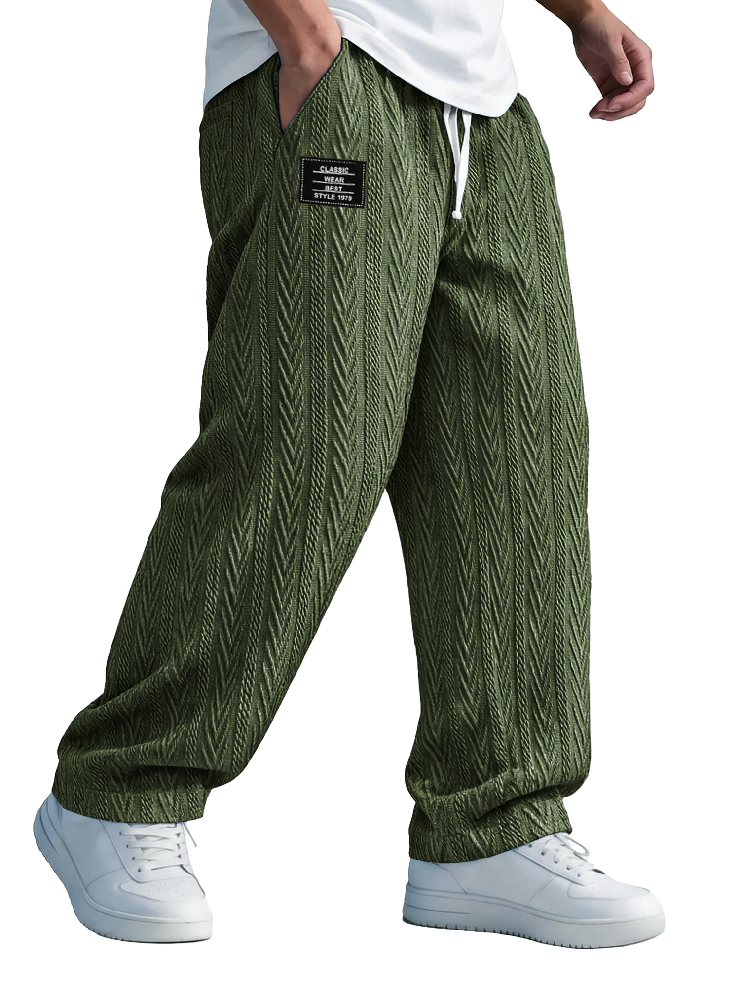 Herren einfarbige Jacquard-Textur Freizeit-Hosen mit elastischem Bund und gesticktem Logo.-deurabatt