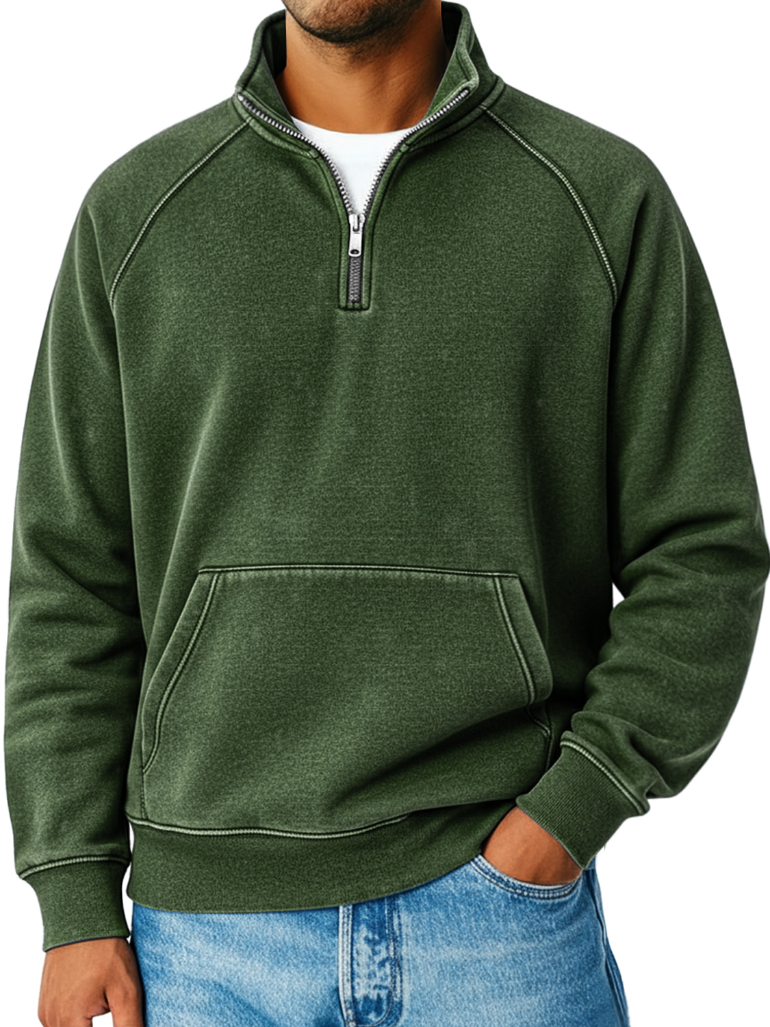 Herren Retro Raglanärmel Stehkragen Reißverschluss Lockere Freizeit Sweatshirt-deurabatt
