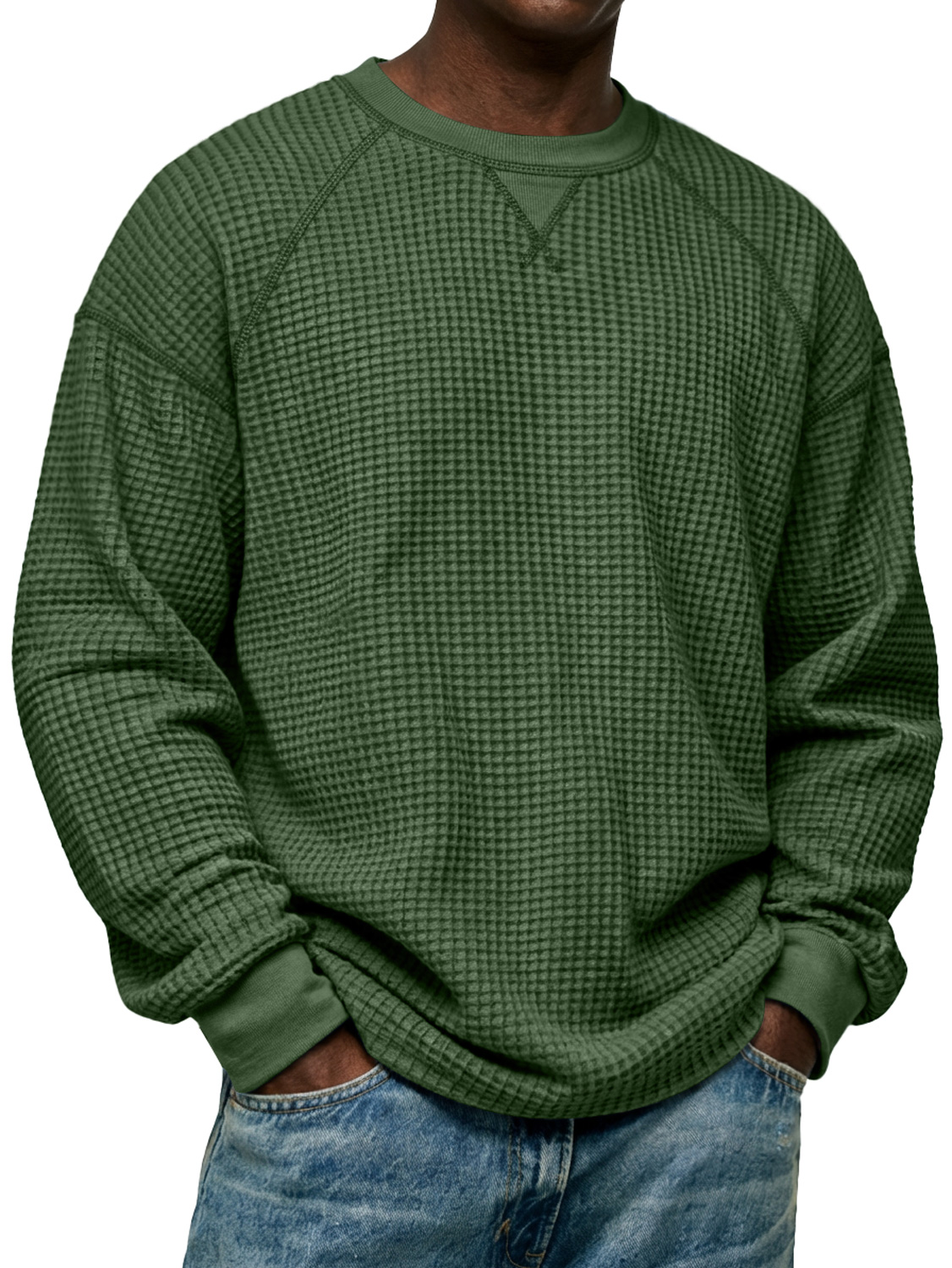 Herren Einfaches Waffelstrick Rundhals Raglanärmel Langarm-T-Shirt-deurabatt