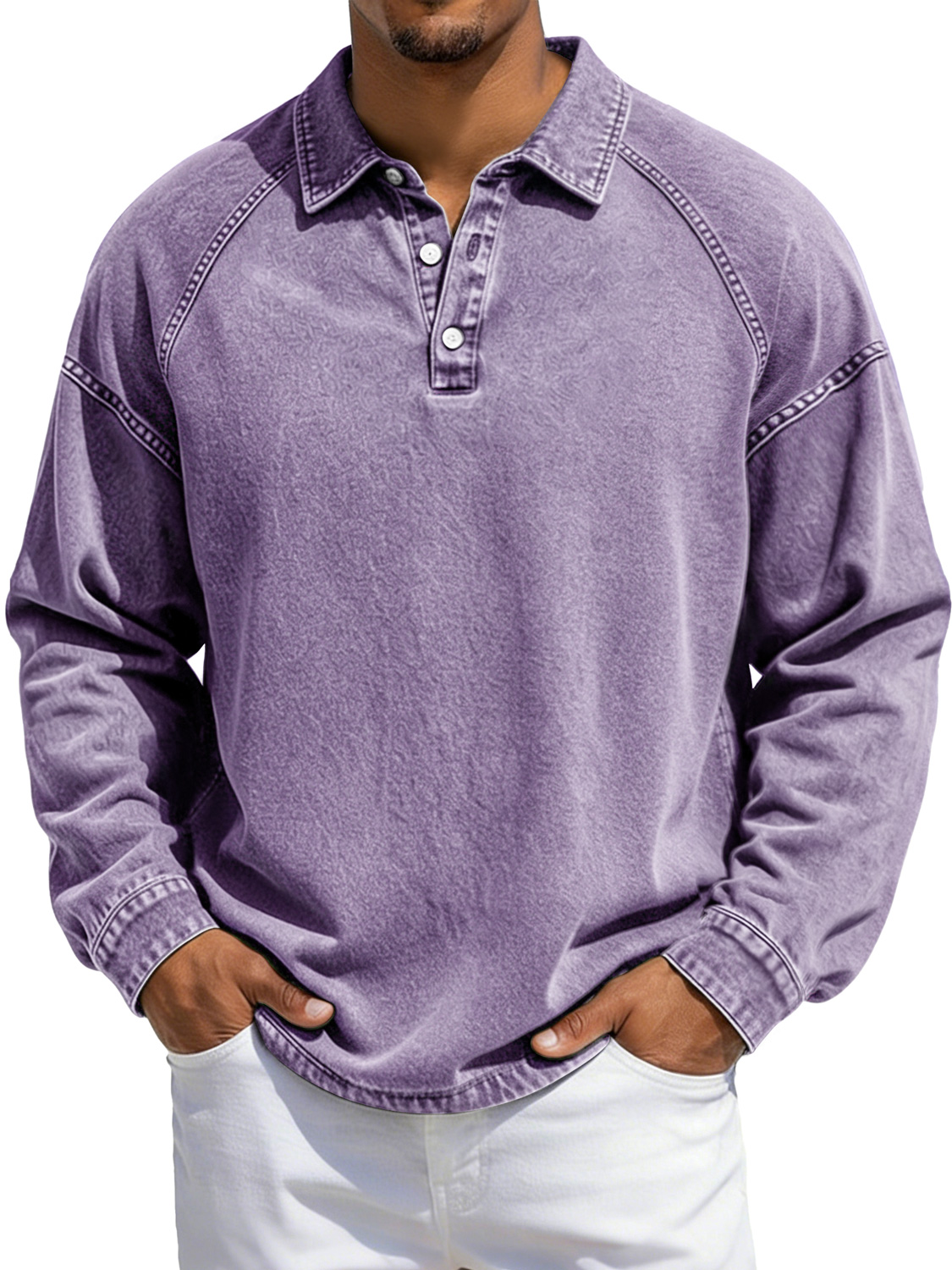 Herren Vintage-Stil Revers Knopf-auf Raglan Ärmel Freizeit Langarm Polo-Shirt-deurabatt