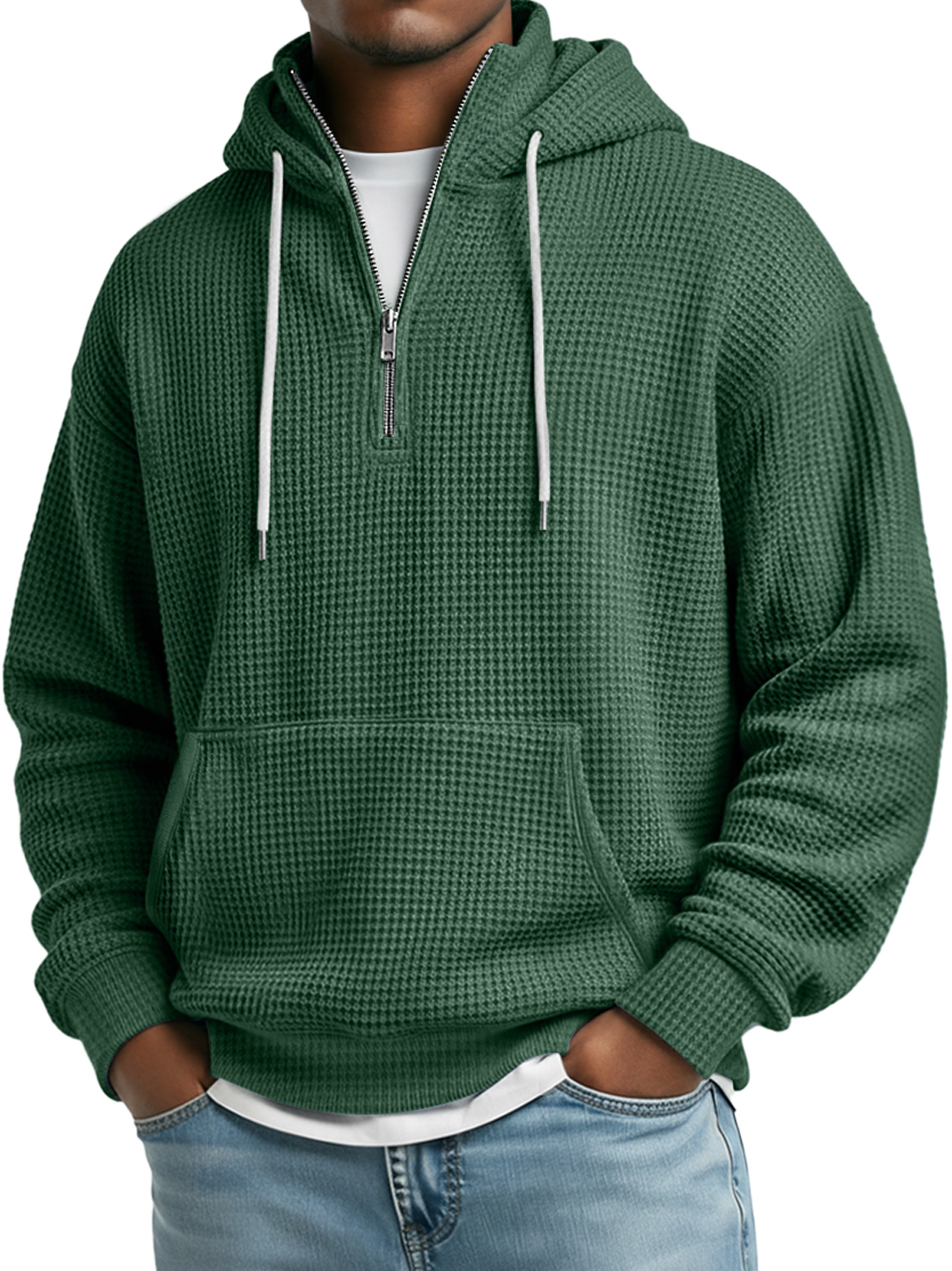 Herren Daily Waffle Stehkragen Reißverschluss Lässiger Lockere Kapuzenpullover-deurabatt