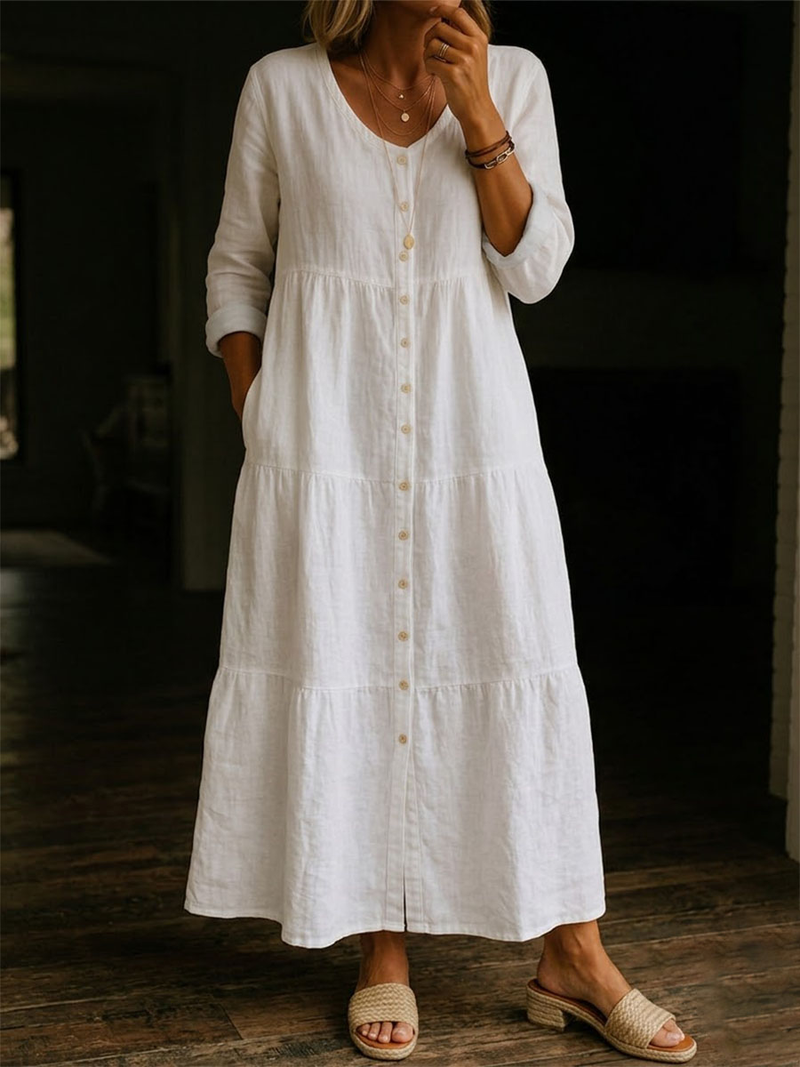 Women's Solid Color Casual V-neck Cotton Linen Long Dress