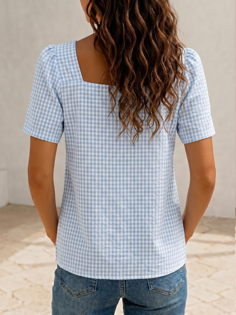 NEW ARRIVALS🔥  Women's Square Neck Gingham Bow Shirt - Puff Sleeve Casual Blouse