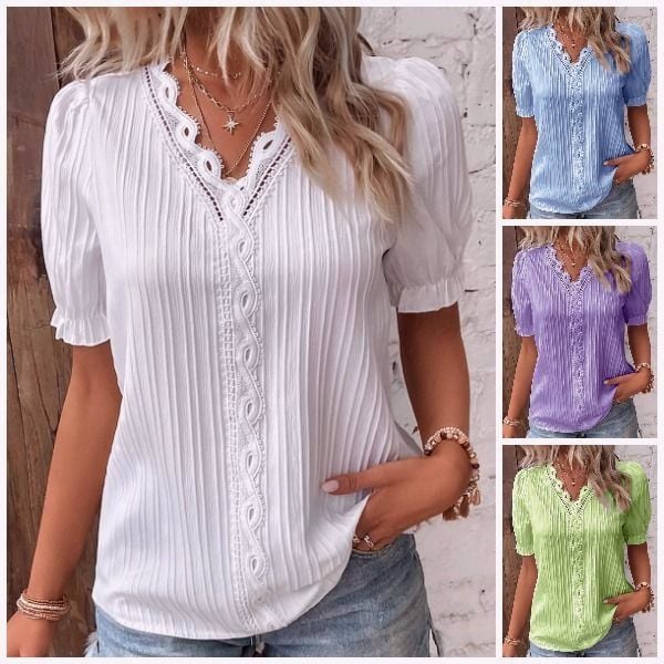 Elegantes, schlichtes Shirt mit V-Ausschnitt und Spitze