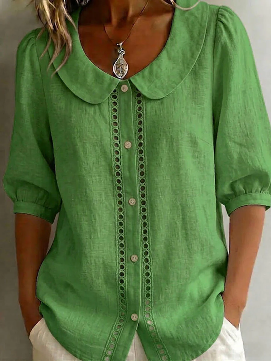New Arrivals🔥 Women's Solid-color Peter Pan Collar 3/4-sleeve Casual Loose Cotton-linen Shirt