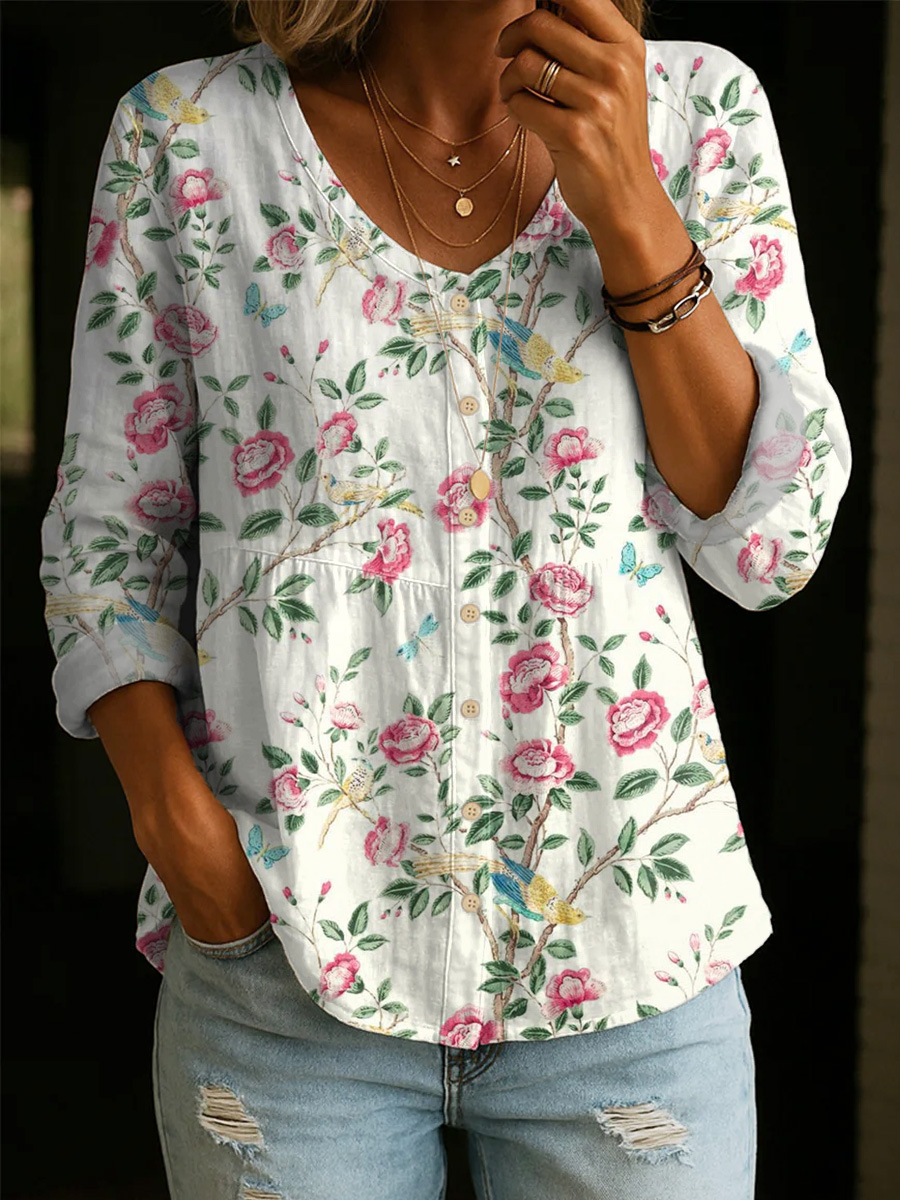 Art-inspired Botanical Print Women's Cotton Shirt — An Elegant, Casual, Versatile, And Soft Cotton Top-ZierMode