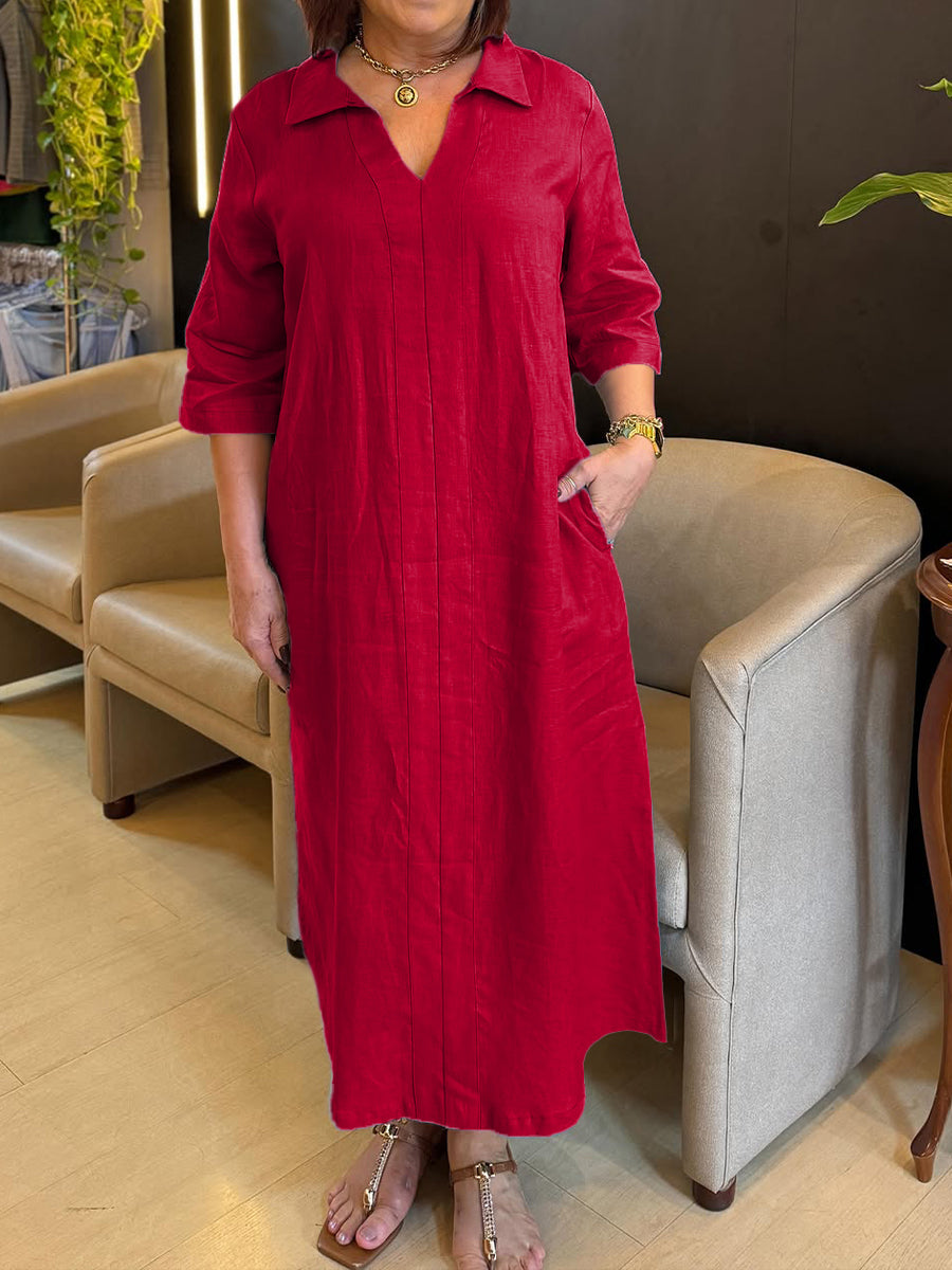 Damenkleid aus Baumwolle und Leinen mit V-Ausschnitt und langen Ärmeln