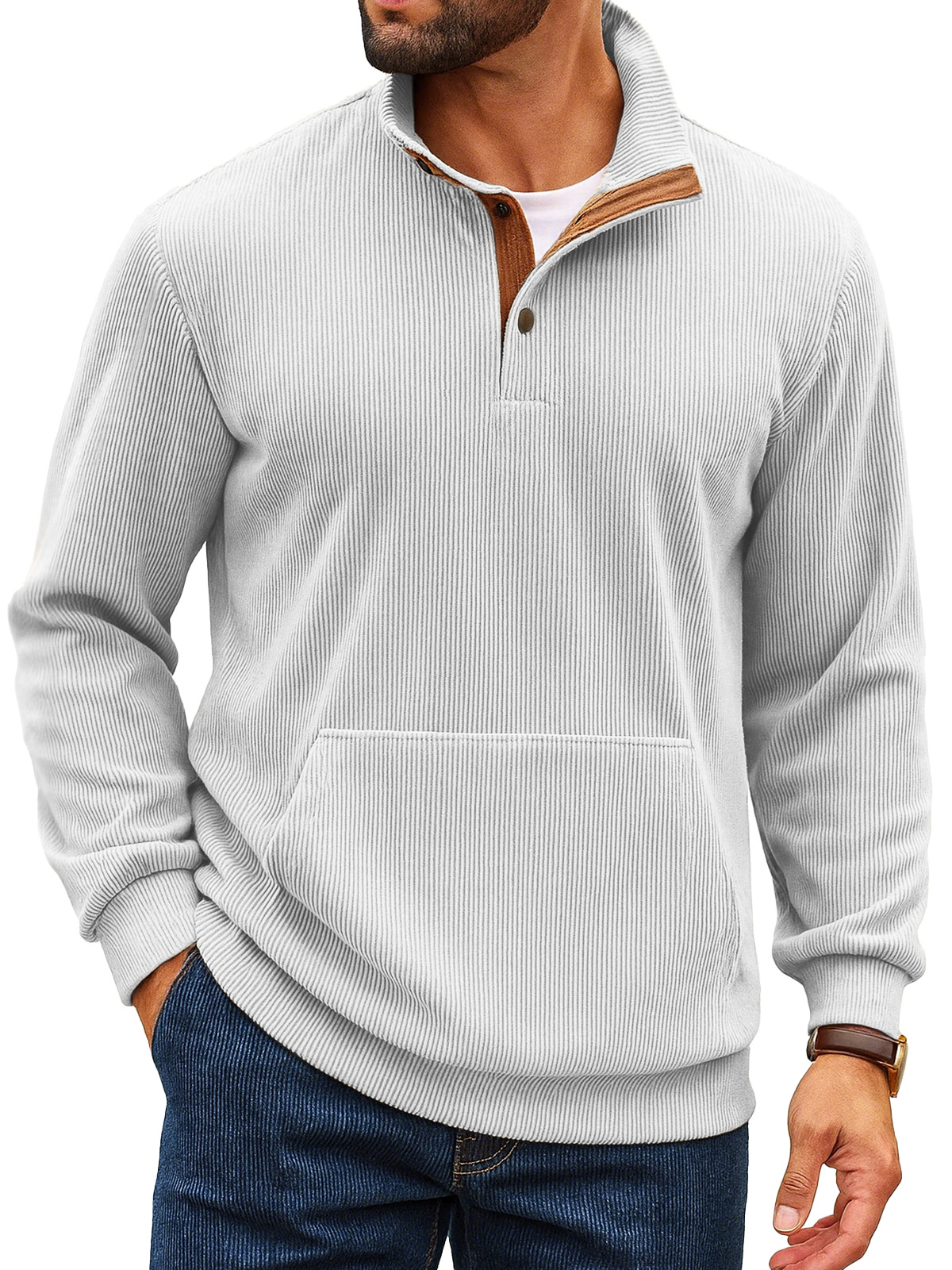 Herren Retro Einfarbiger Vertikaler Pit Streifen Stehkragen Knopf Langarm Sweatshirt-deurabatt