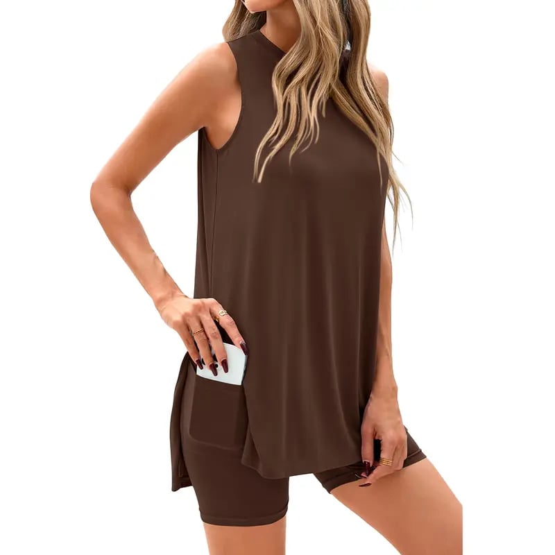 Sleeveless Crewneck Women's 2 Piece Sets Summer Matching Lounge Shorts Set Resort Airport Travel Outfit Split Hem Casual Clothes Basic Fitted Homewear-ZierMode
