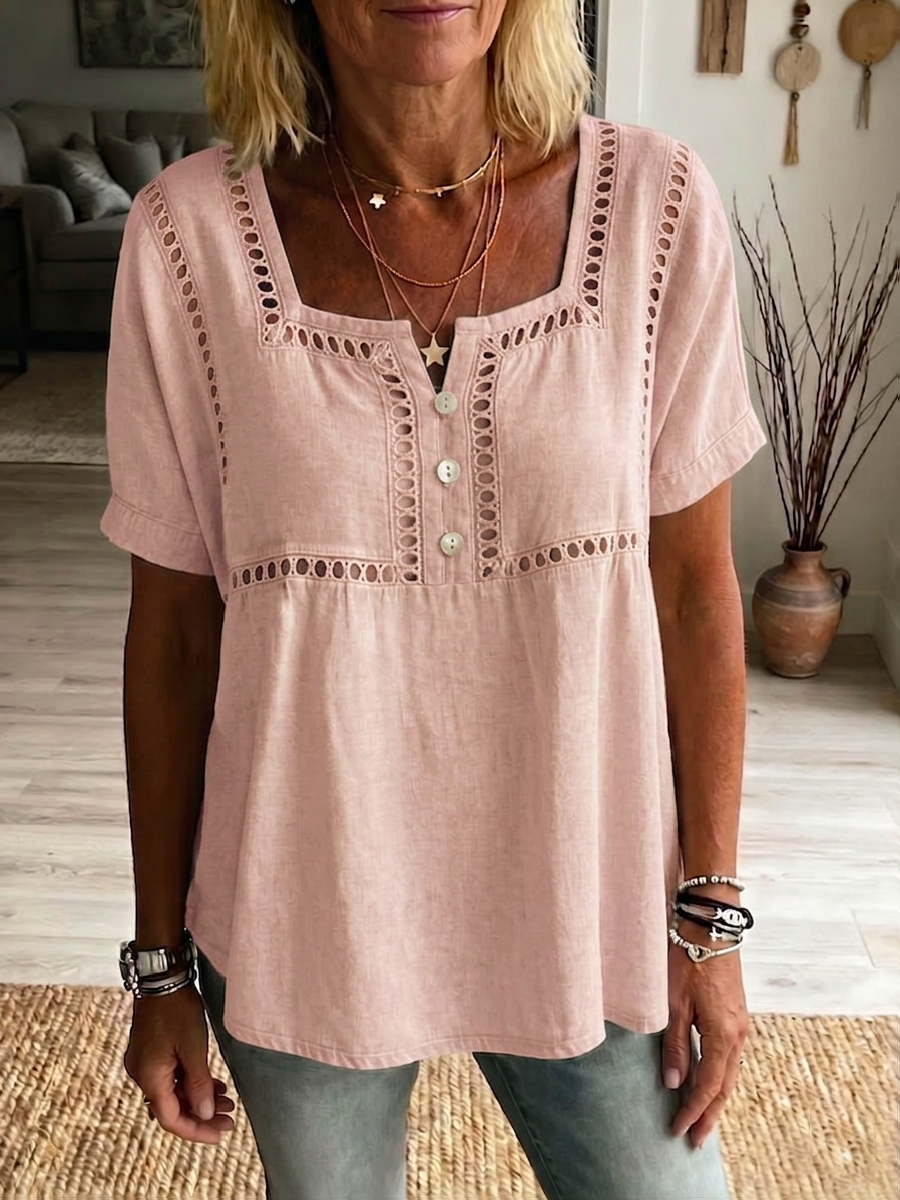 New Arrivals🔥 Women's Solid-color Square-neck Short-sleeve Casual Loose Cotton-linen Top