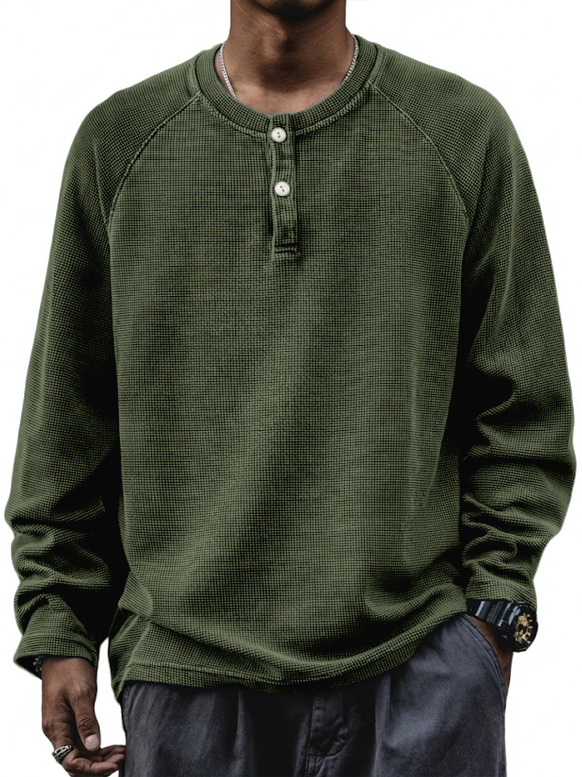 Herren Retro Waffel Raglan Lockere Pullover Langarm Henley Shirt-deurabatt