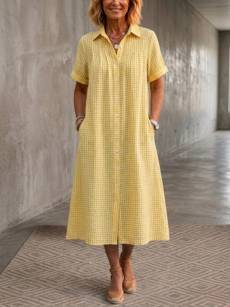 Clearacne Sale🔥 Women's Lapel Checkered Cotton Linen Shirt Dress