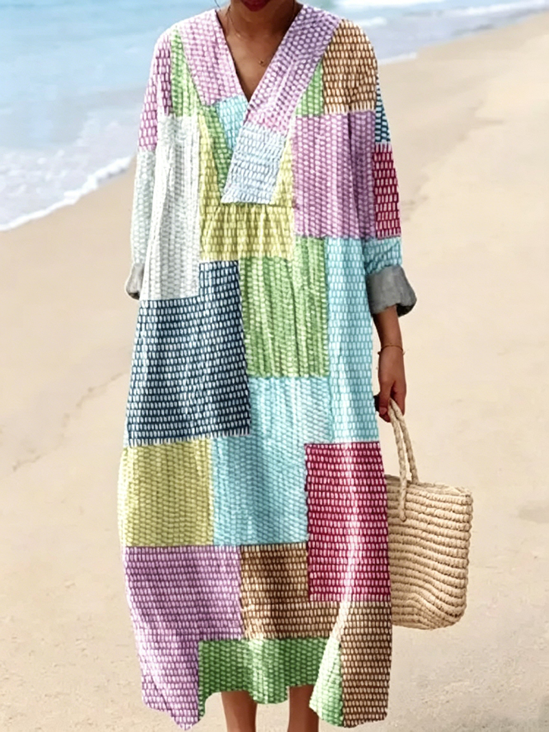 Buntes Maxikleid aus Leinenmischung mit Patchwork-Design für Damen