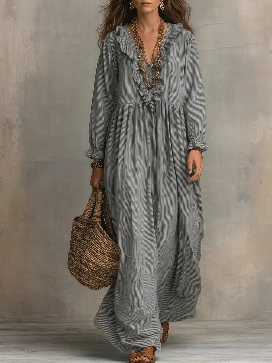 Women's Striped Art Print Casual Stylish Ruffled Vacation Maxi Dress