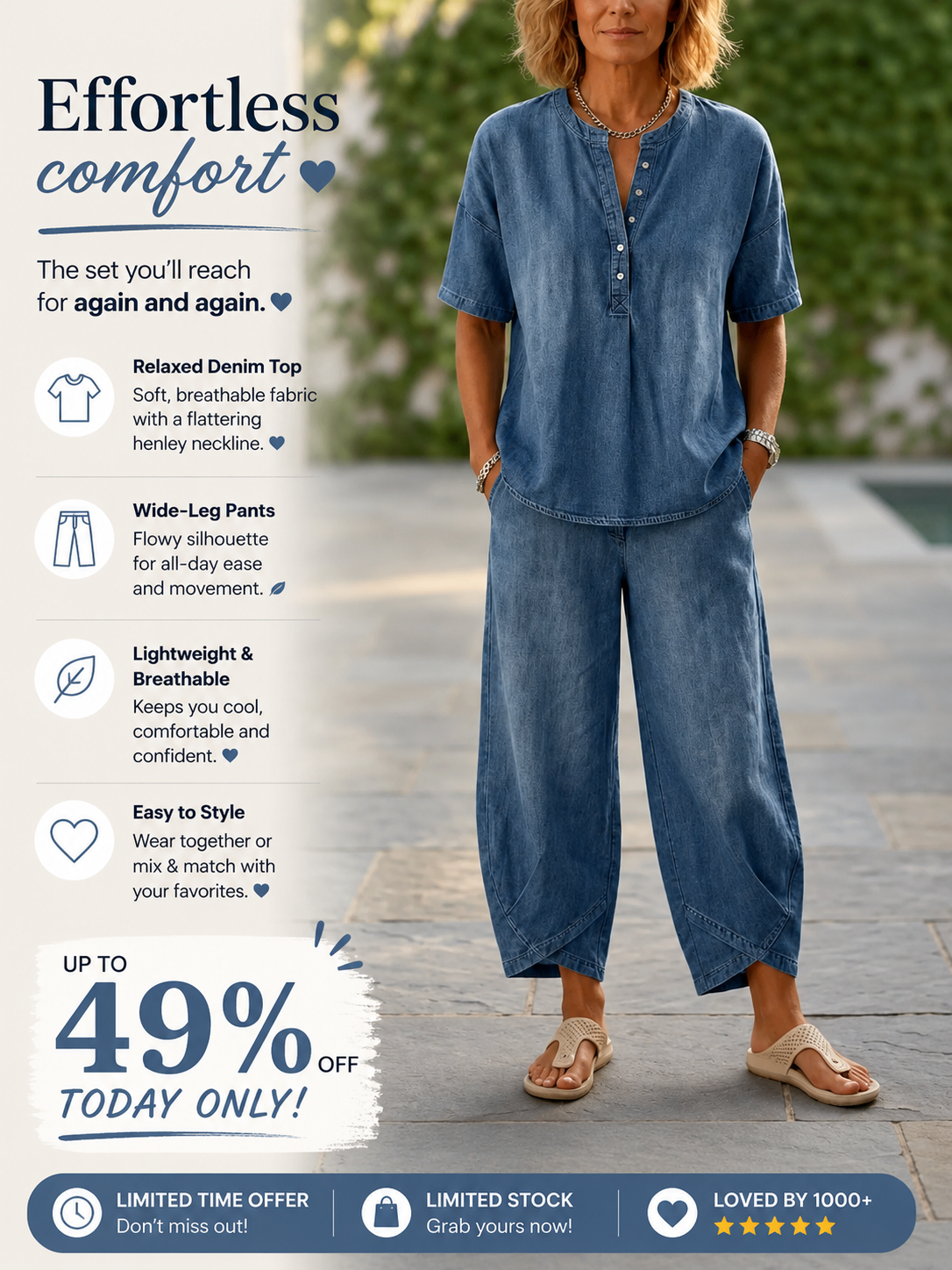 Today 49% off🔥Women’s Denim Henley Top & Wide Leg Pants Set-ZierMode
