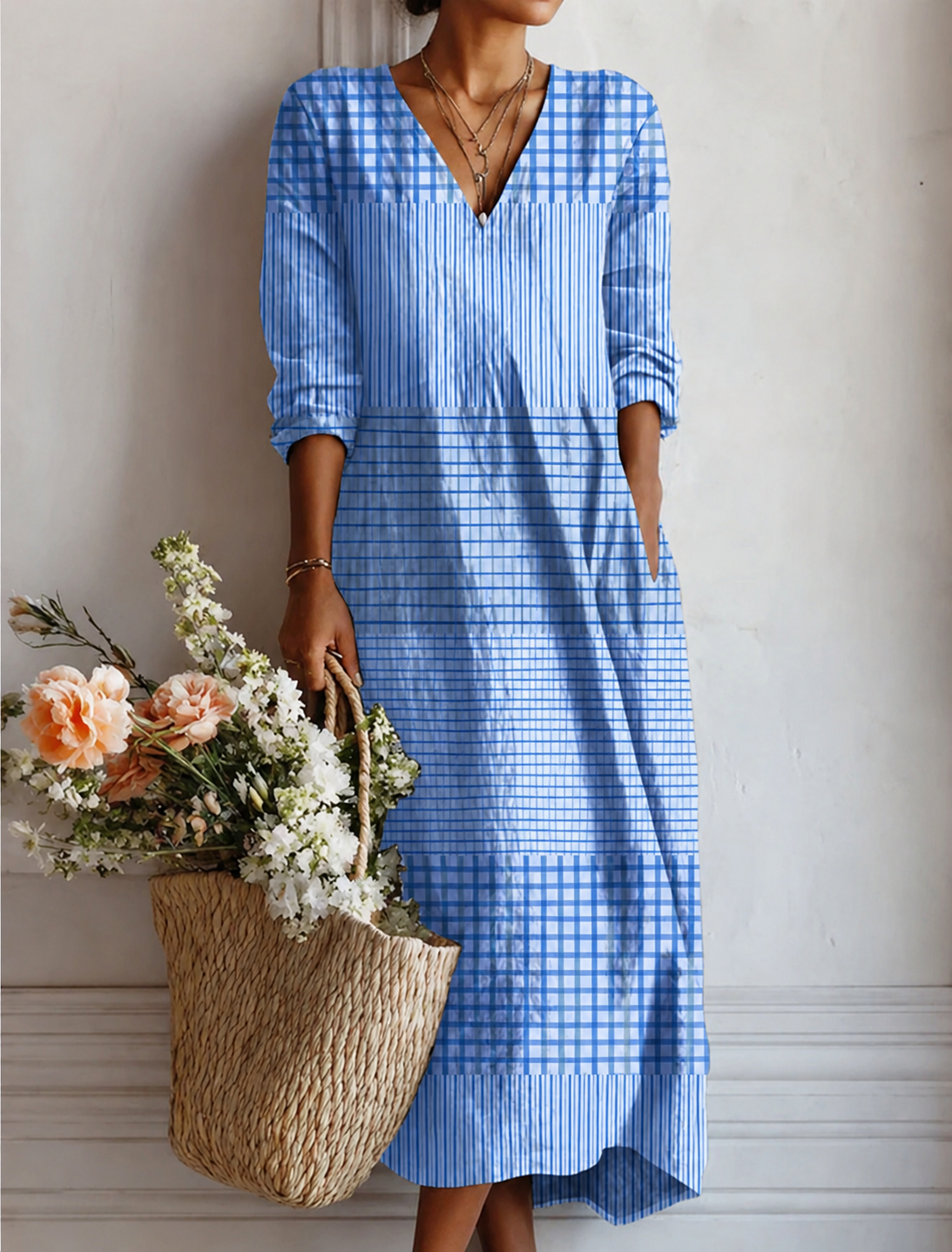 Damens-Midikleid aus Baumwollmischung mit Streifen-Patchwork