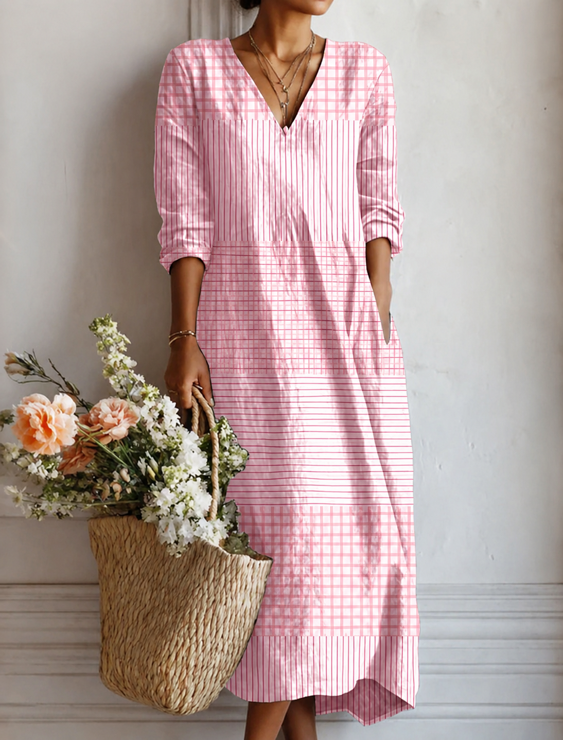Damens-Midikleid aus Baumwollmischung mit Streifen-Patchwork