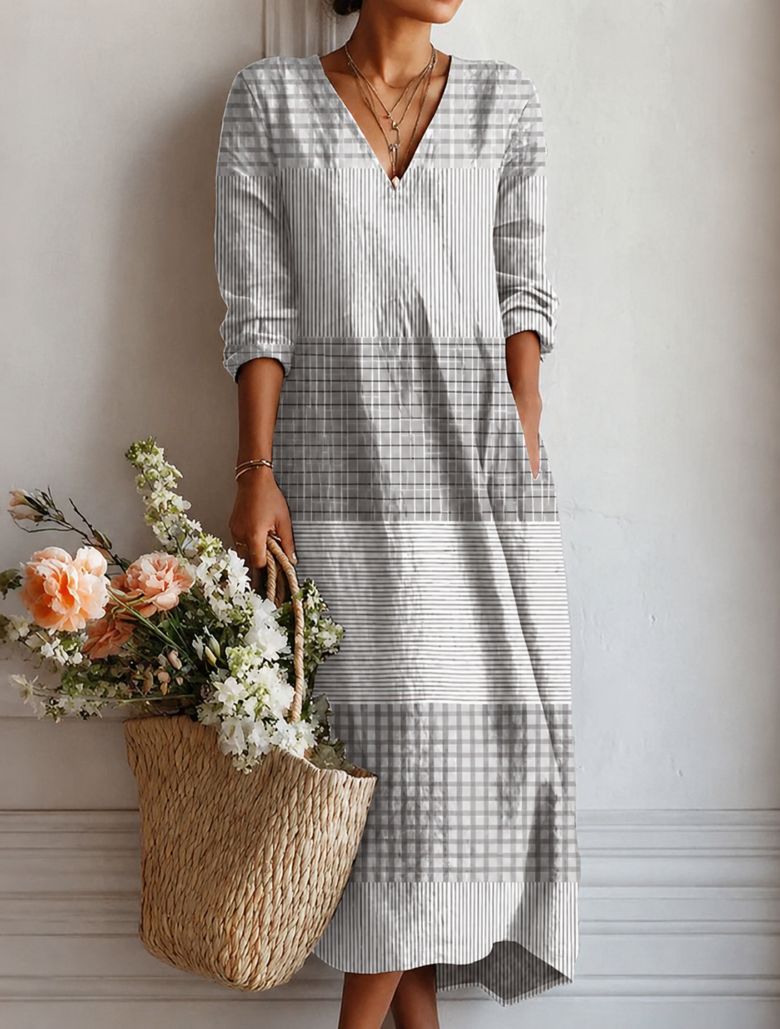 Damens-Midikleid aus Baumwollmischung mit Streifen-Patchwork