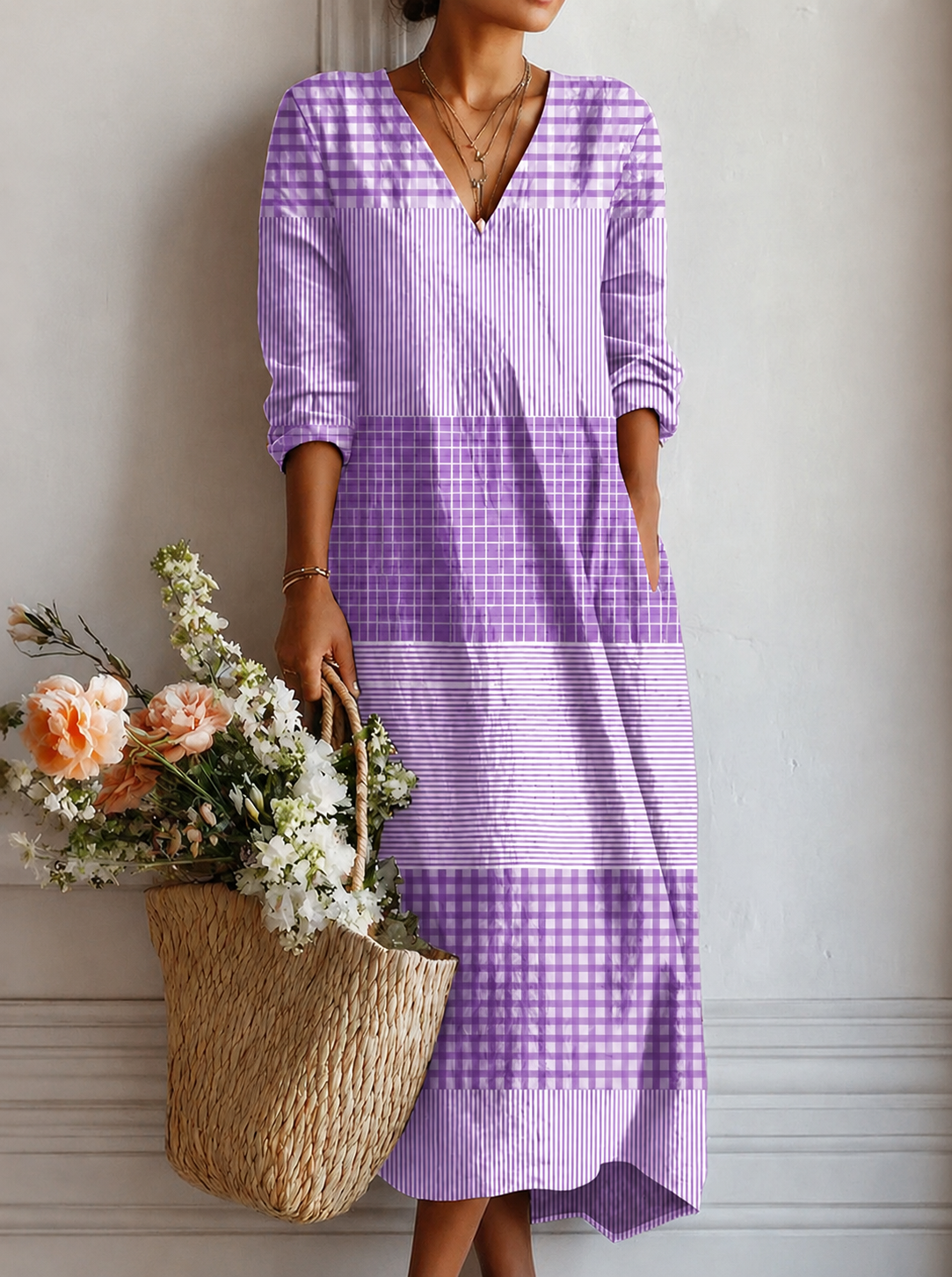 Damens-Midikleid aus Baumwollmischung mit Streifen-Patchwork