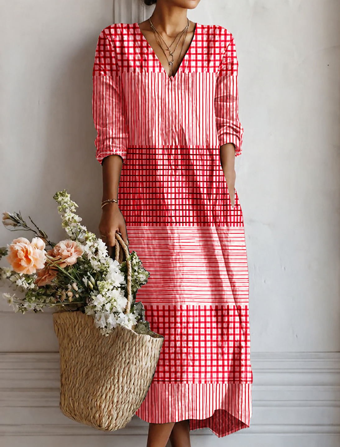 Damens-Midikleid aus Baumwollmischung mit Streifen-Patchwork
