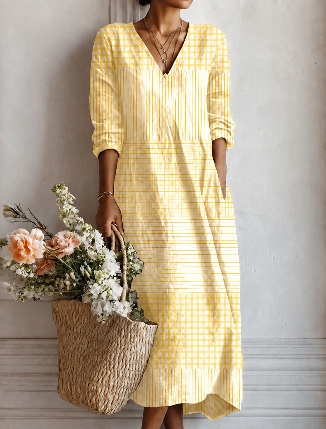 Damens-Midikleid aus Baumwollmischung mit Streifen-Patchwork
