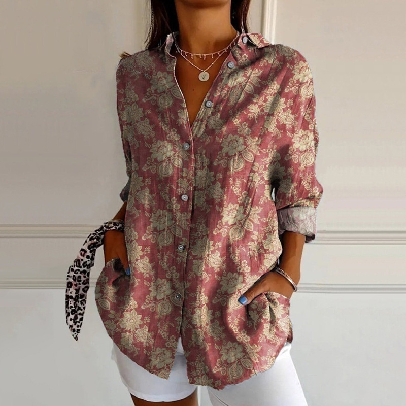 Damen Leinenmischung Bluse mit Blumenprint, Lockeres Langarm-Knopfhemd mit Taschen