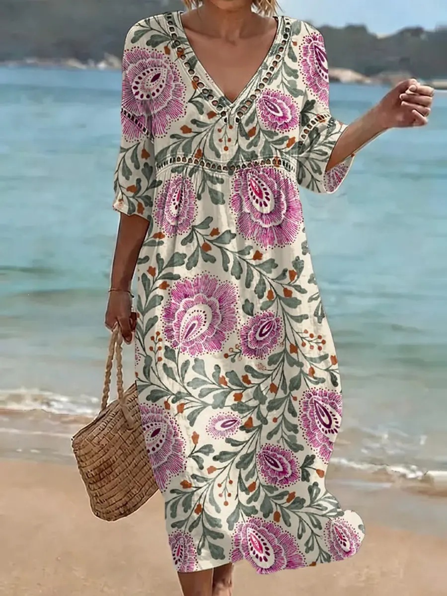 Damen-Komfort-Kleid aus Baumwolle-Leinen-Mix mit Print