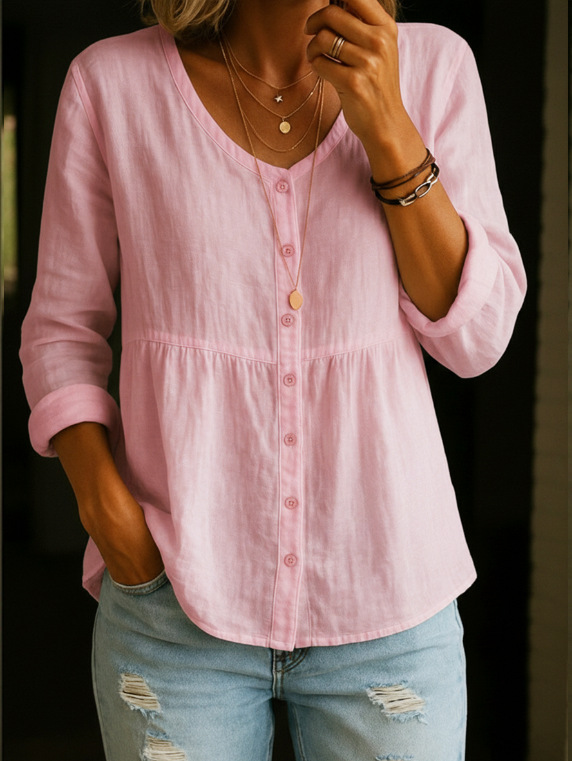 Bedrucktes Damen-Bluse mit V-Ausschnitt, lässige Bluse mit Knopfleiste