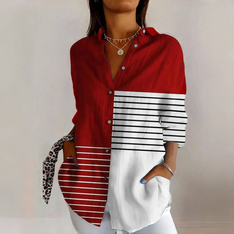 Damen Leinenmischung Bluse mit Blumenprint, Lockeres Langarm-Knopfhemd mit Taschen