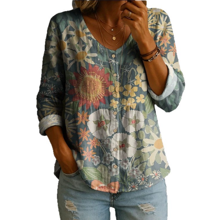 Bedrucktes Damen-Bluse mit V-Ausschnitt, lässige Bluse mit Knopfleiste