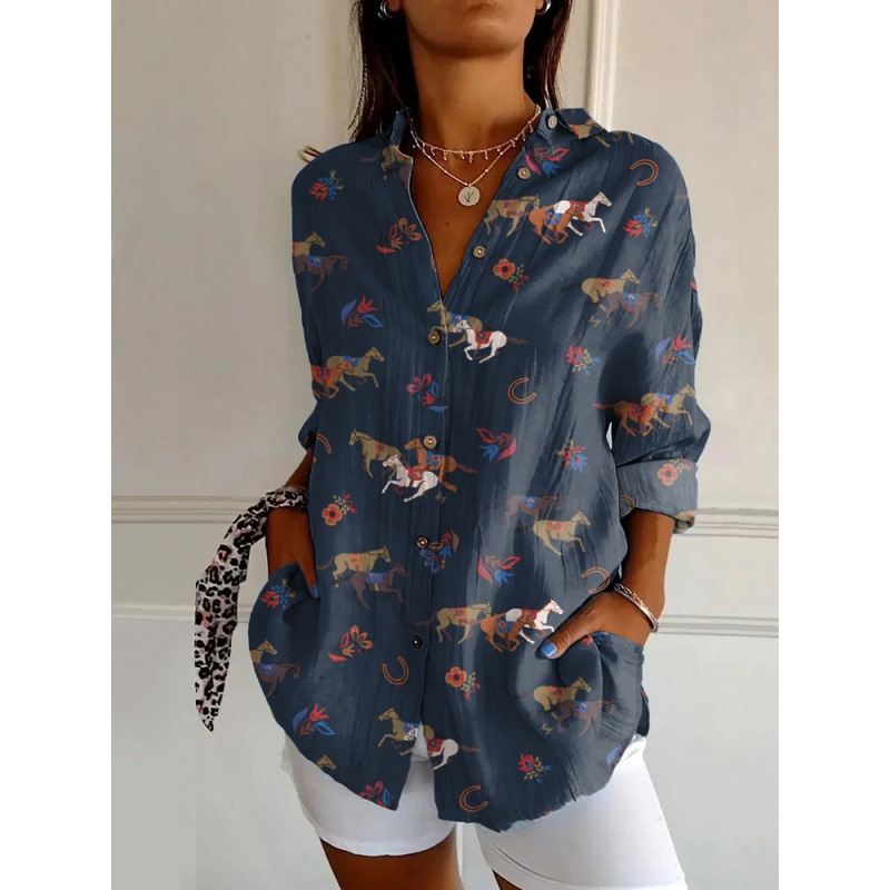 Damen Leinenmischung Bluse mit Blumenprint, Lockeres Langarm-Knopfhemd mit Taschen