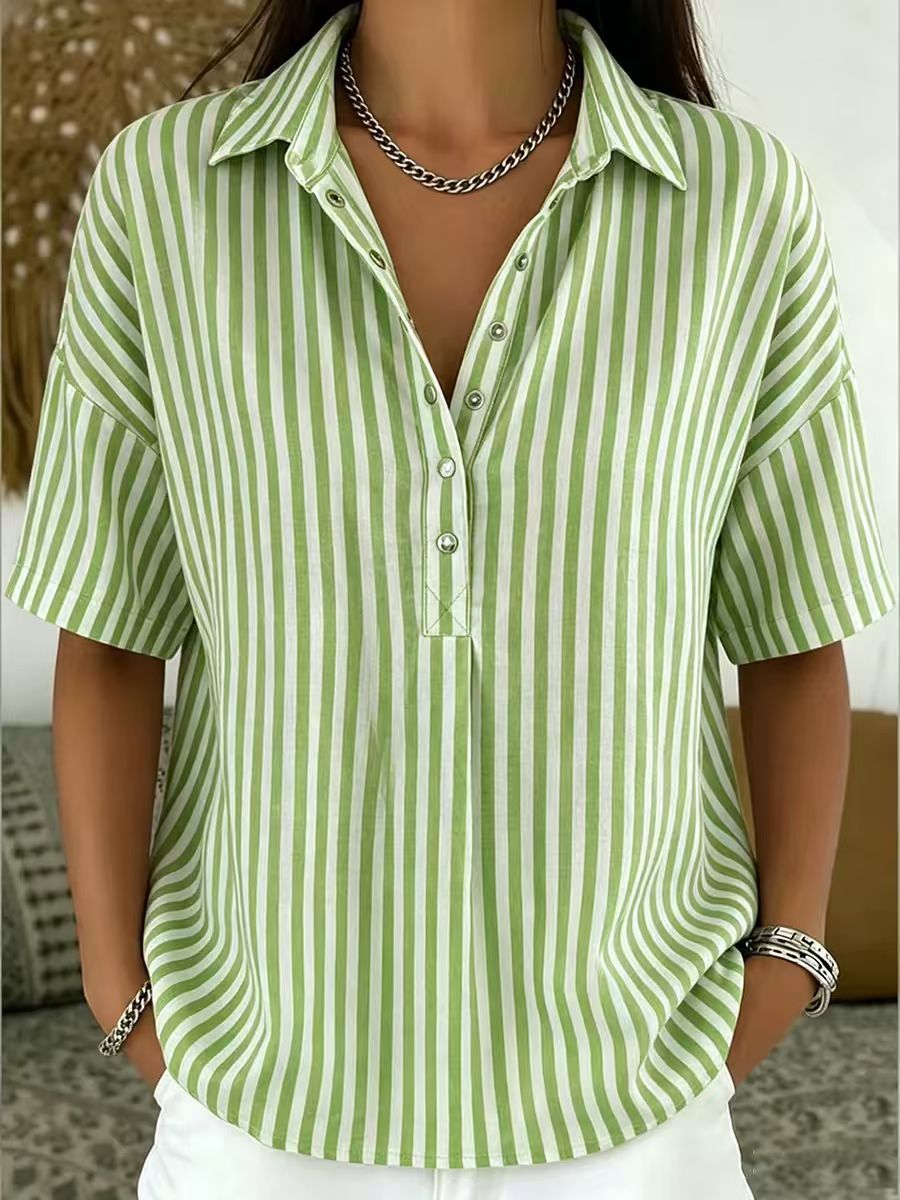 Relaxed Striped Button V-Neck Blouse