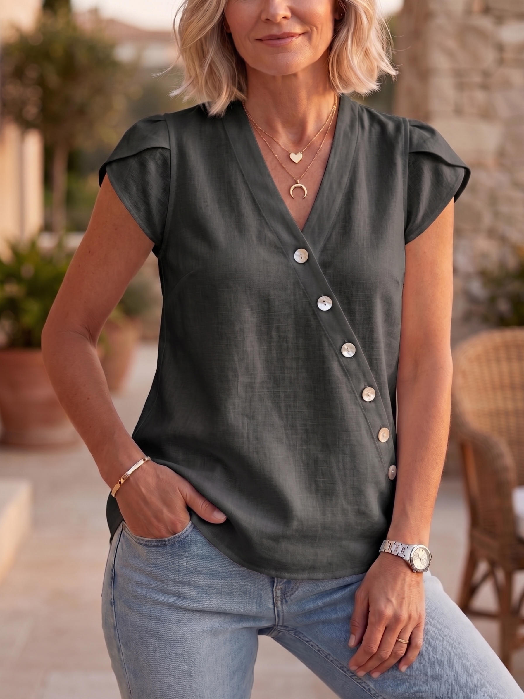 Clearance Sale🔥 Summer Chic Asymmetric V-Neck Linen Top - Breathable Short Sleeve Blouse