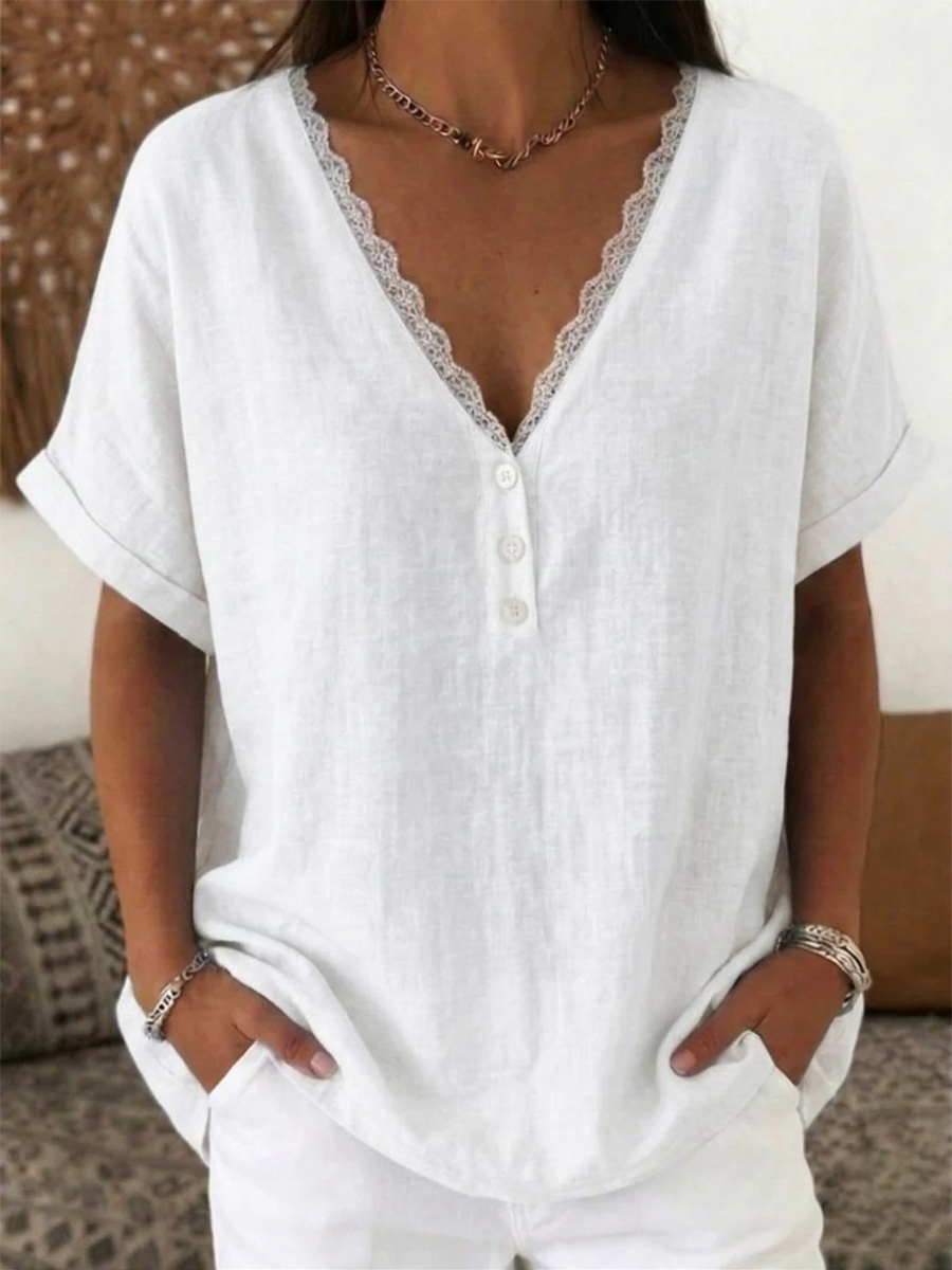 Solid-Color Short-Sleeve Top with Lace-Trimmed Collar