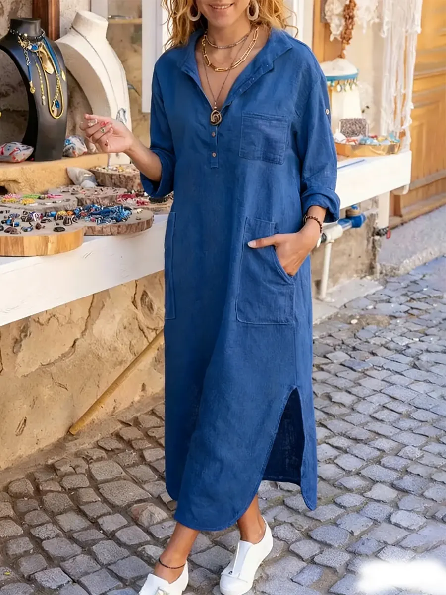Damenkleid im Retro-Stil, einfarbig, lässig, mit Reverstaschen, aus Baumwoll-Leinen-Mischgewebe