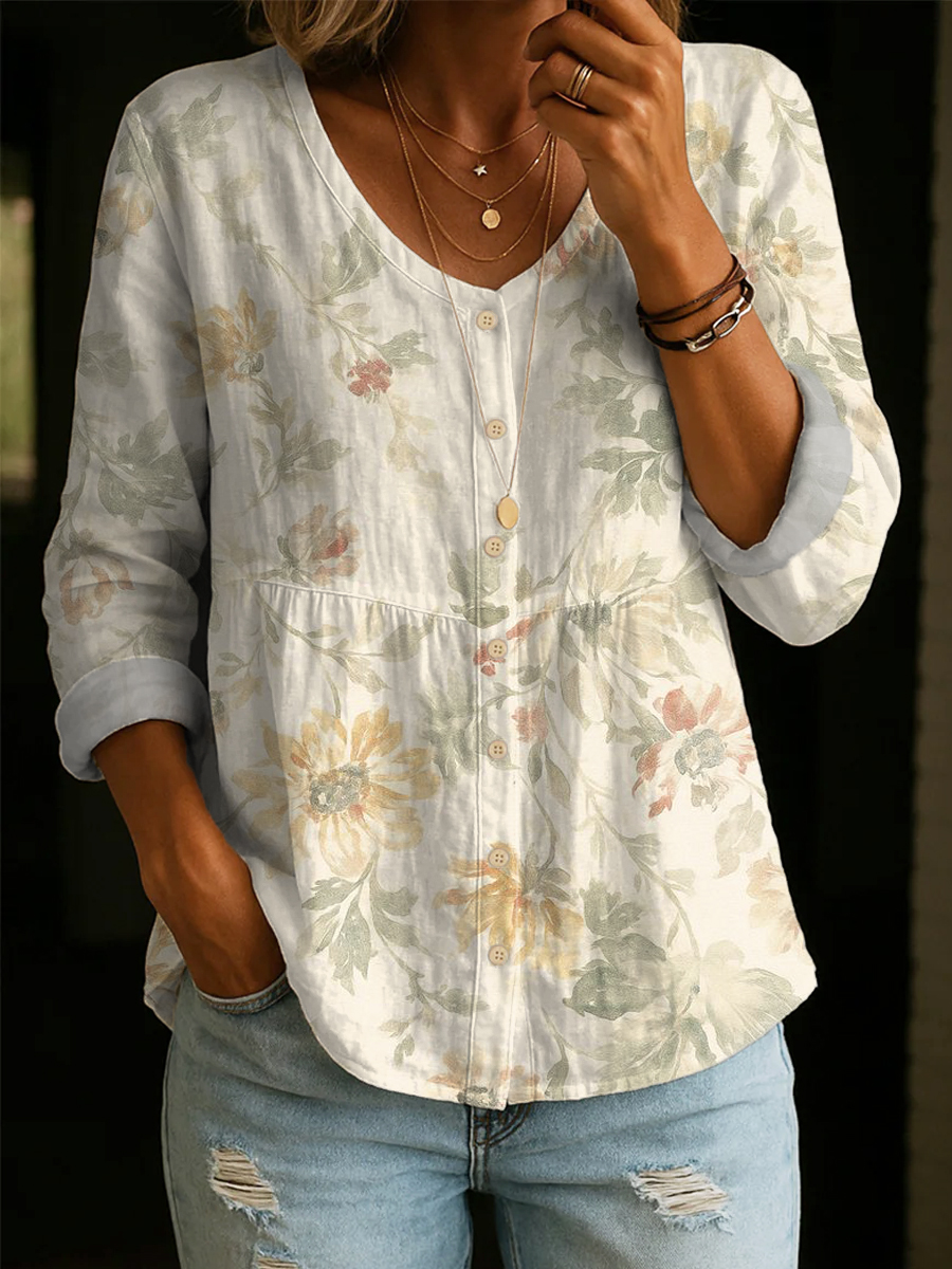 Pastoral-style Floral Print Shirt — Loose-fit, Breathable, V-neck, 3/4-sleeve Versatile Top