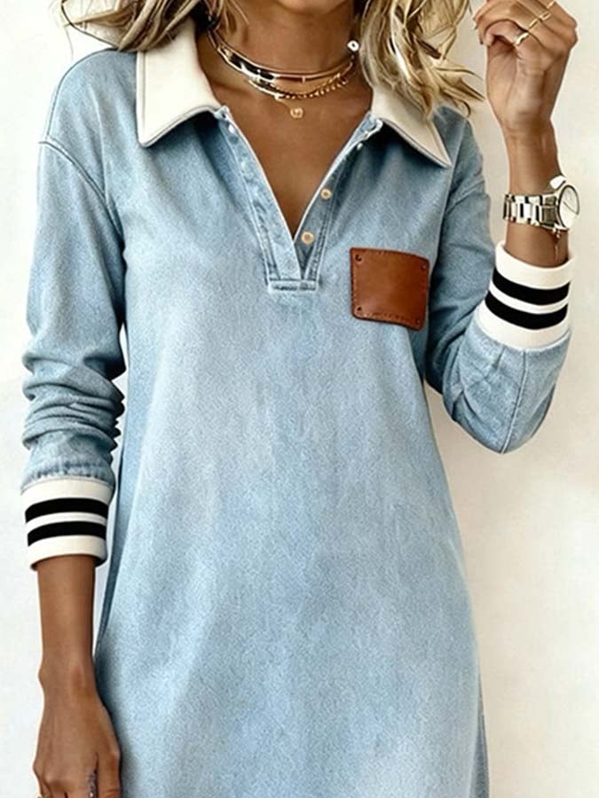 Damen-Jeanskleid mit Streifen und Patchworkmuster