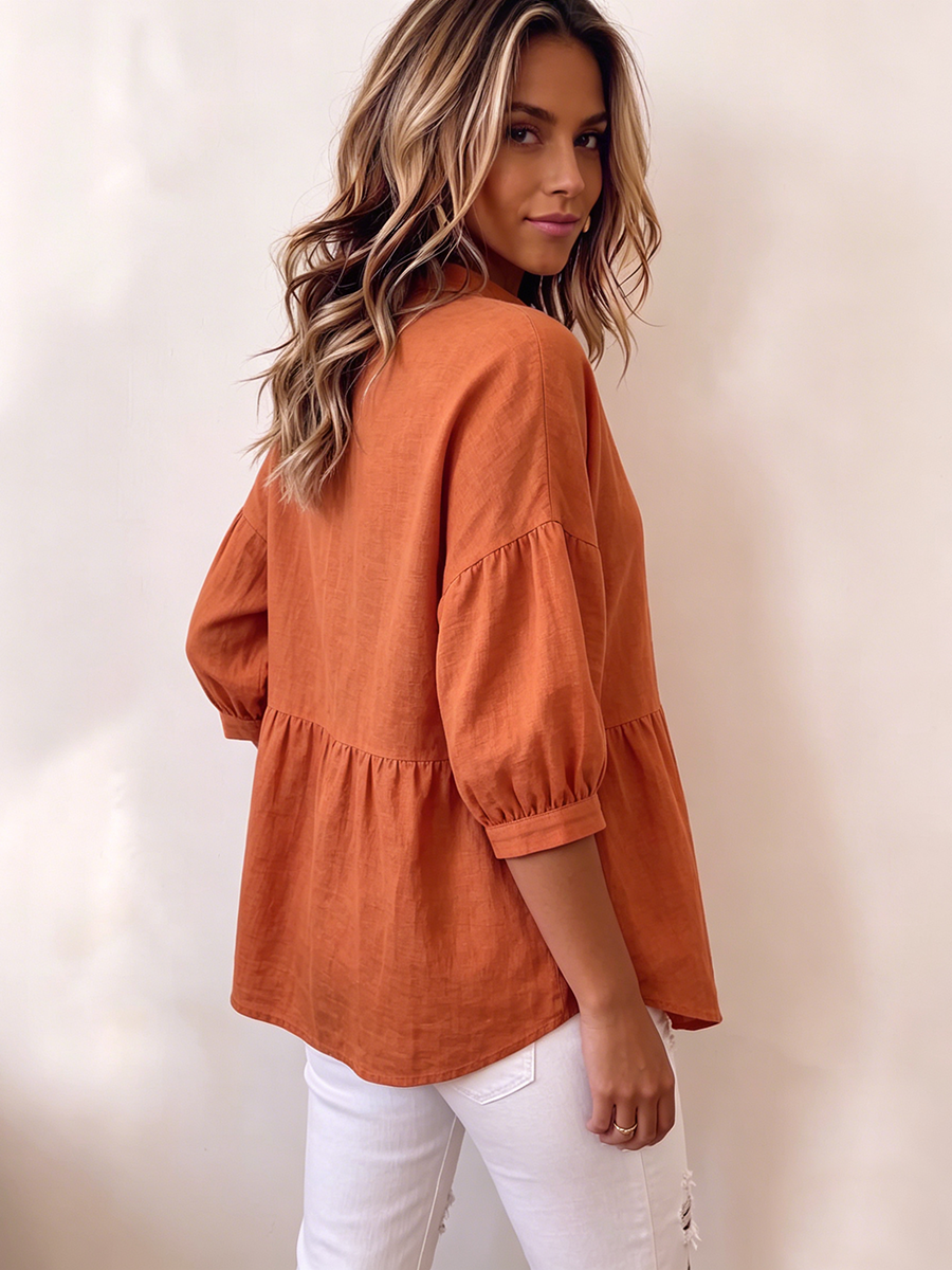 Casual Loose-fit Cotton-linen Blouse With Lantern Sleeves