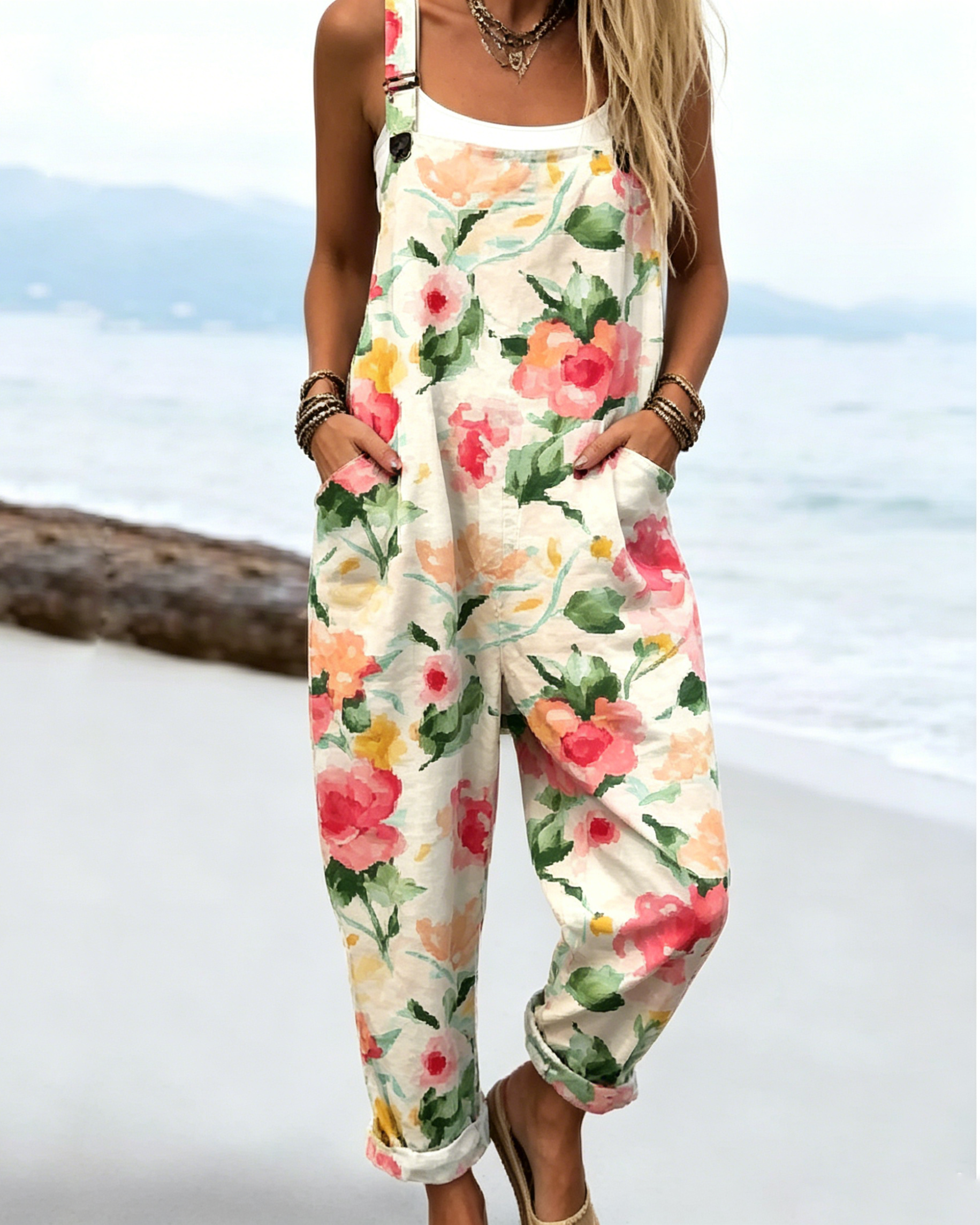 Bedruckter lockerer Overall | Damen Casual Ärmelloser Jumpsuit