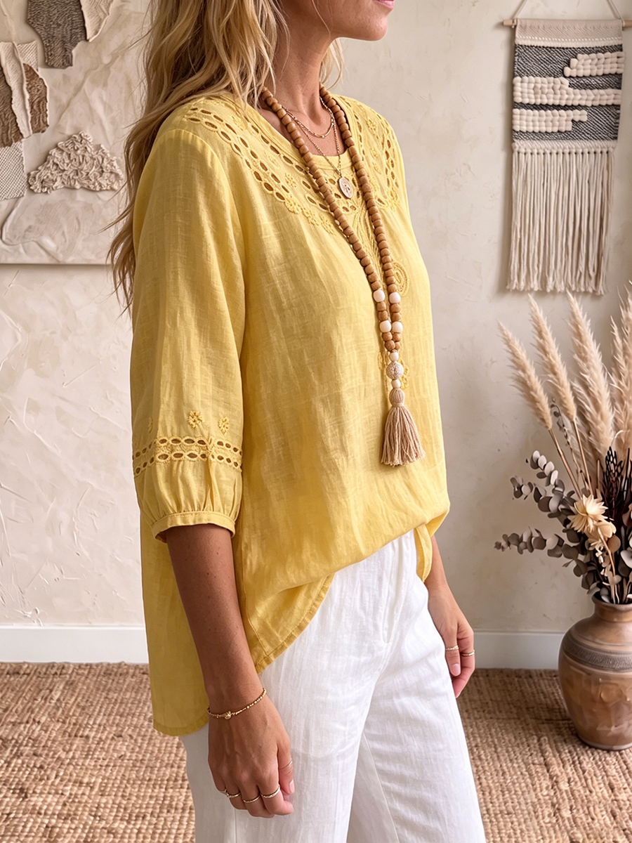Vintage Embroidered Cotton-linen Blouse