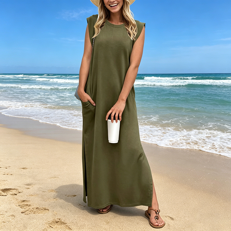 Lässiges, locker geschnittenes, knitterfreies Maxikleid für Damen mit Schlitz