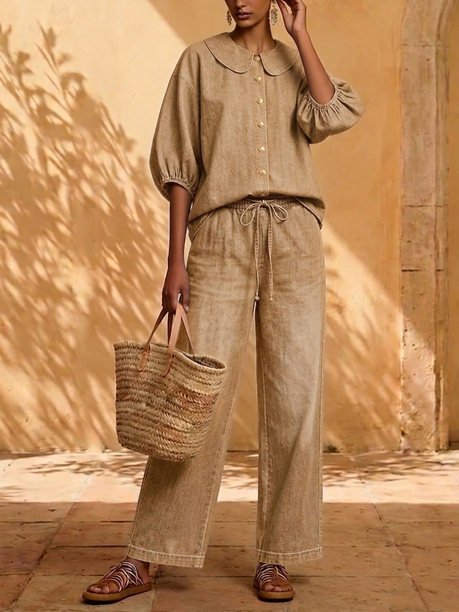 New Arrivals🔥 Stylish Peter Pan Collar Shirt and Wide-leg Pant Denim Two-piece Set